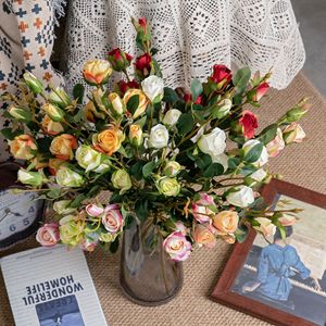 Bouquet de roses artificielles CallaFloral, 5 têtes, miniatures, en polyester, pour décoration intérieure, mariage, vert clair, rose, jaune, blanc - Product Image 1