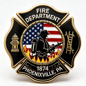 Badge en métal émaillé plaqué or de la police des pompiers de Phoenixville, Pennsylvanie, 1874, emblème patriotique souvenir - Product Image 1