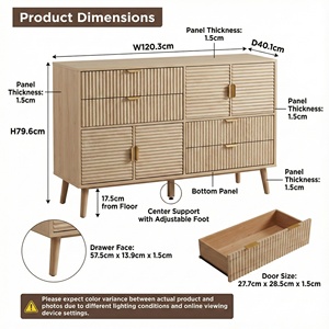 <span class=keywords><strong>Commode</strong></span> contemporaine multifonction en bois cannelé avec 4 tiroirs et 4 portes, poignées métalliques et 5 pieds en bois pour chambre à coucher - Product Image 3