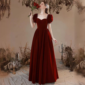 Bridal Wedding Dress Burgundy Velvet Puff Sleeve Princess Ball Gown Sweetheart Neckline Vintage Style for Toasting - Product Image 3
