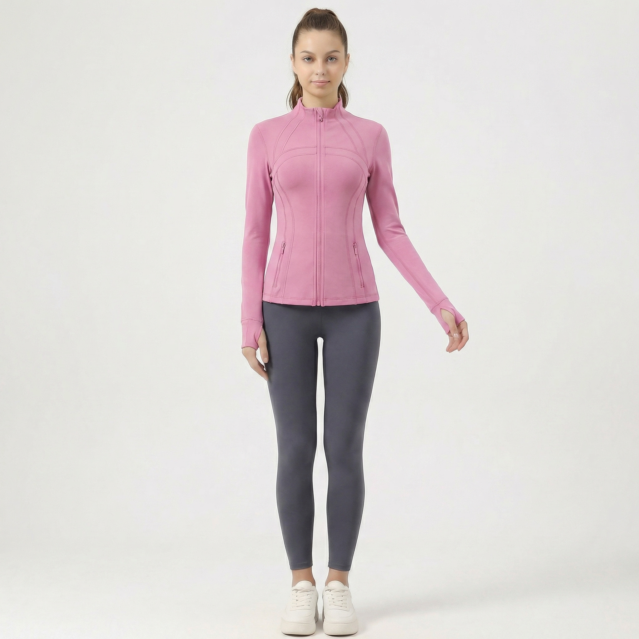 Women's Slim Fit Stand Collar Yoga Jacket, Full Zip Long Sleeve Workout Top, Thumb Hole Sport Coat for Running Fitness