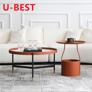 Table Basse U-BEST Nordic Light Luxury en Cuir et Marbre, Style Italien Créatif, Petite Table d'Appoint Rétro avec Surface en Marbre et Piétement Doré - Product Image 1