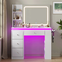 Vente en gros de coiffeuse blanche en MDF pour le maquillage avec miroir LED, 4 tiroirs et étagères de rangement