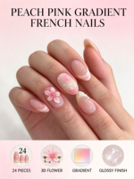 Faux ongles à presser French manucure dégradé rose pêche, ongles artificiels brillants en amande avec motif floral 3D, 24 pièces