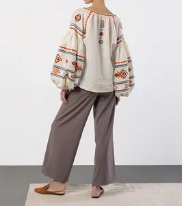 Blusa feminina casual de algodão de linho para mulheres blusa de mangas bufantes bordada da moda feminina