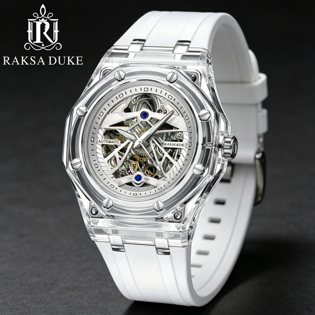 RAKSA DUKE Luxury Transparent Skeleton Automatic Watch Men 44mm Alloy Case Silicone Strap Mechanical Watch