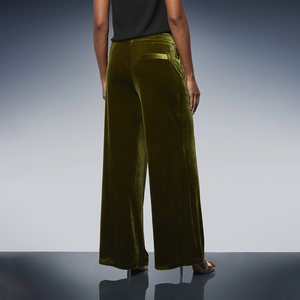 <span class=keywords><strong>Pantaloni</strong></span> Palazzo Larghi a Vita Alta in <span class=keywords><strong>Velluto</strong></span> Scintillante Verde Oliva, Elasticizzati, a Gamba Larga, per Feste - Product Image 3