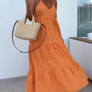 Vestido de playa bohemio europeo-americano con cuello en V, bajo amplio, sin espalda y tirantes, largo hasta el suelo, para exportación transfronteriza - Product Image 5