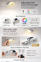 Spot encastré LED carré réglable 10W, inclinaison 0-35 degrés, GU10 MR16, ampoule remplaçable, découpe 70mm, RGB Max