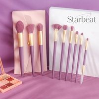 Set Kuas Makeup Ungu 10 Buah dengan Ferrule Emas dan Tas Kulit Pink untuk Perlengkapan Kosmetik Wajah & Mata