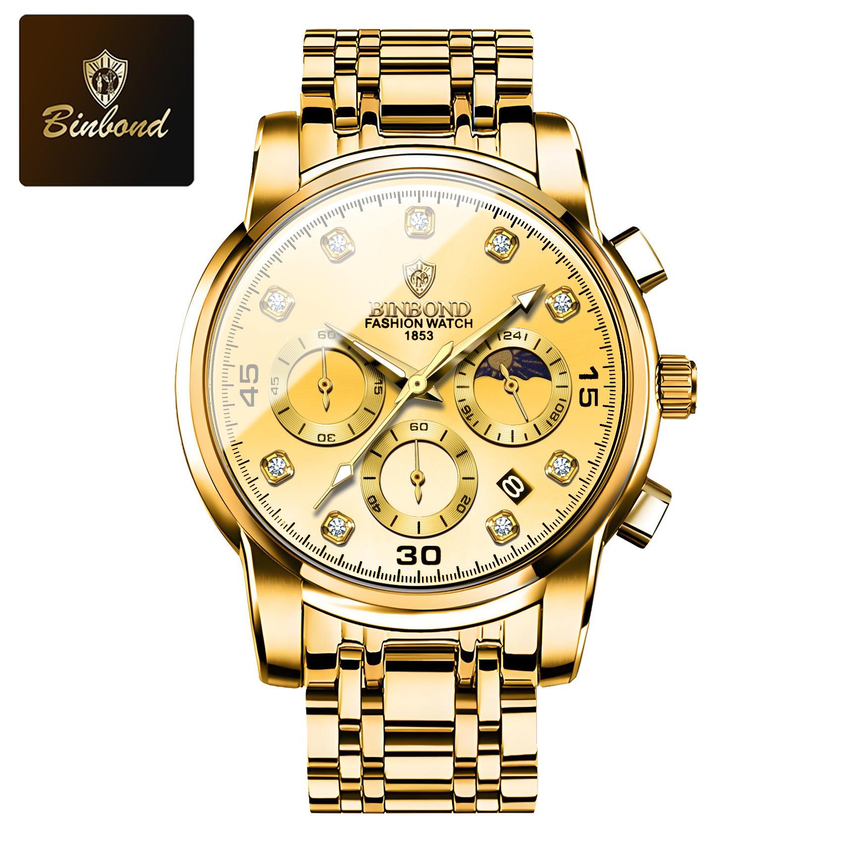 BINBOND 남성용 다기능 시계, 쓰리 아이 캘린더 방수 손목시계, 탑 브랜드 쿼츠 시계, 남성용 시계 (Reloj, Relogio)
