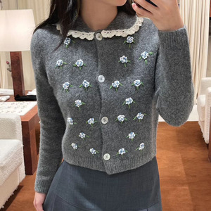 Maglione da donna invernale sfuso maglione <span class=keywords><strong>Cardigan</strong></span> con fiori ricamati in maglia grigia maglione Polo da donna - Product Image 3