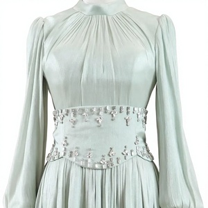 <span class=keywords><strong>Robe</strong></span> de soirée longue de luxe personnalisée en satin et mousseline vert <span class=keywords><strong>sauge</strong></span>, col montant, manches longues bouffantes, taille perlée, pour femme - Product Image 5
