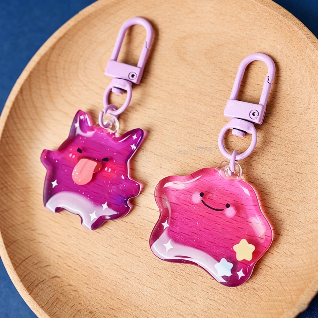 Custom Double-Sided UV Printed Epoxy Acrylic Phone Keychain Glitter Powder Plastic Anime Style Phone Charm Cartoon Metal Pendant
