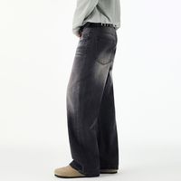 Pantalon en jean noir délavé coupe ample évasée style rétro américain - Marque tendance unisexe, pantalon long décontracté à jambe large dégradé