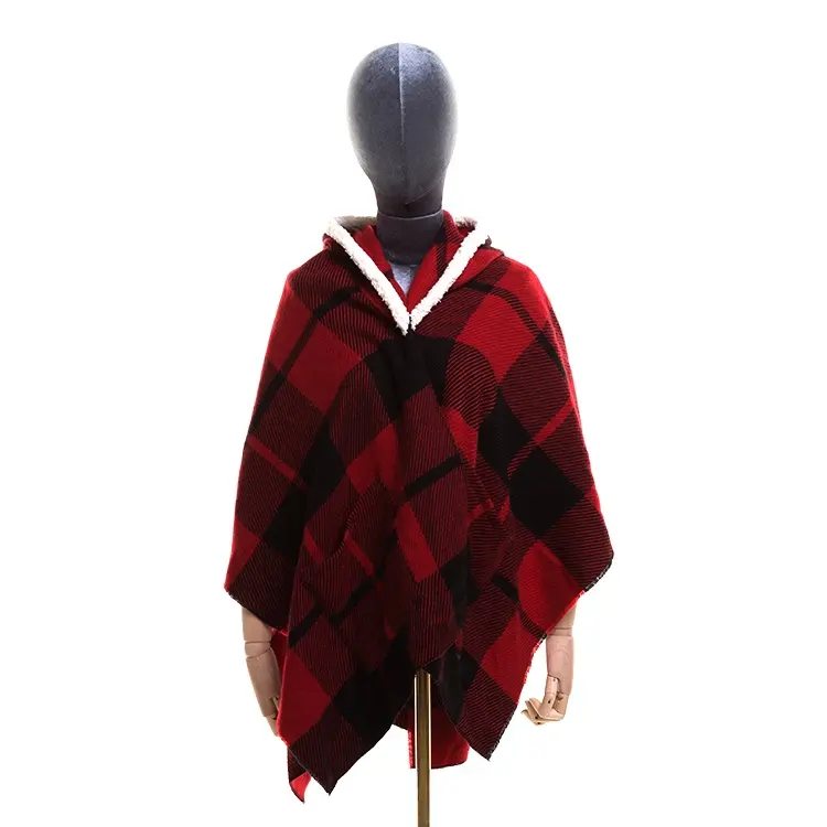 Женский красный клетчатый зимний шарф-пончо с карманами