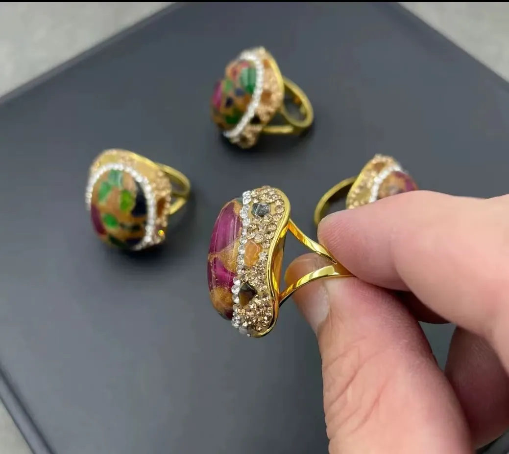 Verstellbarer Ring aus Turmalin im Vintage-Stil, Kristall ring, vergoldet