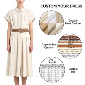 Abito Chemisier Vintage Premium da Donna, Linea ad A, Elegante con Pieghe Frontali, Maniche Corte, Cintura Intrecciata, Naturale, Lavabile, Traspirante, Estivo - Product Image 3