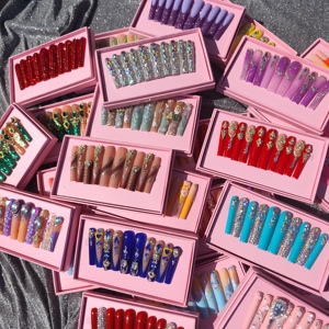 <span class=keywords><strong>Uñas</strong></span> Postizas Acrílicas Rosadas de Diseño Personalizado con Pedrería Hechas a Mano, Cinta Adhesiva de Gel Gratis y Herramientas para <span class=keywords><strong>Uñas</strong></span>, Paquete Personalizado - Product Image 4