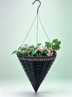 Panier à fleurs suspendu conique en ciment noir, jardinière tressée avec bord dentelé marron, crochet métallique sculpté à la main style américain, étanche