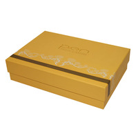 Coffret cadeau personnalisé en papier gaufré écologique avec finition mate et impression sérigraphique dorée, couvercle supérieur et inférieur, fabrication artisanale