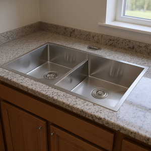 Évier de cuisine double bac 33x19 pouces en acier inoxydable 16 gauge, à encastrer, bassin carré 50/50, surface brossée - Product Image 2