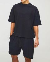 Conjunto de Camiseta y Pantalones Cortos de Jersey Acanalado, Holgado y Transpirable, Color Negro, Estampado, para Verano, 2 Piezas, para Hombre