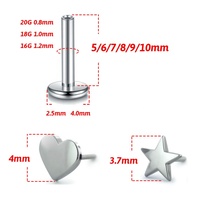 Hot New Wholesale Titanium Push Pin Sans Fil Coeur Étoile Dos Plat Lèvre Piercing Oreille Goujons
