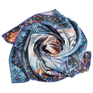 Fashion Blue Color Italian Natural Print Twill Silk Fabrics High Quality 100% Pure Silk With Customized Elegant Scarf For Women