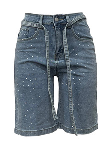 Pantalones Vaqueros Cortos Holgados para Mujer con Adornos de Diamantes de Imitación y Cinturón Incorporado, a la Moda - Product Image 5