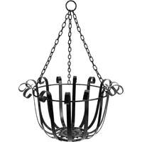 Support de suspension élégant en métal noir pour pot de fleurs avec accents décoratifs en spirale, chaîne à trois points et base de support pour balcon et jardin