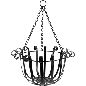 Support de suspension élégant en métal noir pour pot de fleurs avec accents décoratifs en spirale, chaîne à trois points et base de support pour balcon et jardin - Product Image 1
