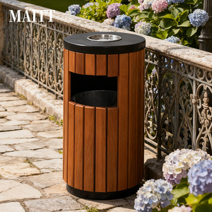 Contenedores de basura redondos de plástico y madera personalizados para lugares turísticos, contenedores para desechos de frutas al aire libre, parques y uso comercial. - Product Image 1