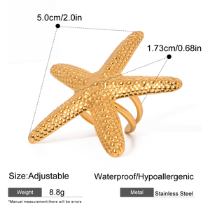 Anneaux de mode délicats en acier inoxydable ouvert imperméable, couleur or, étoile de mer, coquille, conque - Product Image 6