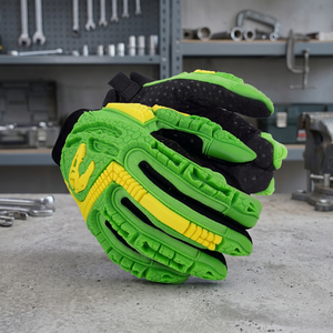 Gants de sécurité anti-choc en PU vert et jaune, avec bande élastique antidérapante intégrale pour poignet, idéaux pour le travail agricole - Product Image 4