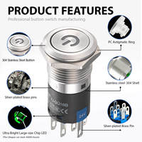 Interruptor de Botón Pulsador de Metal Iluminado de 16 mm GQ16BF-22DP, 2NO2NC, Acero Inoxidable, Latón, 5A, Verde, Rojo, Azul, Símbolo de Encendido LED