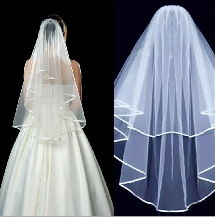 Velos de novia con borde de cinta de tul de dos capas elegantes simples de blanco puro y marfil con peine