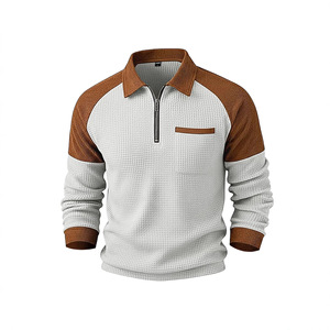 Polo de punto gofrado con media cremallera para hombre Haggar, negro y marrón, con cuello y bolsillo, diseño antipilling, estilo casual - Product Image 4