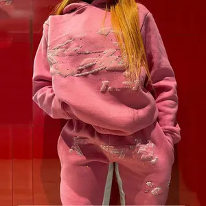 Custom Puff Printing Fleece Terry Distressed Sweatsuit Hoodies Sweatpants Pink Sets Hoodies And Sweat Pants Set
