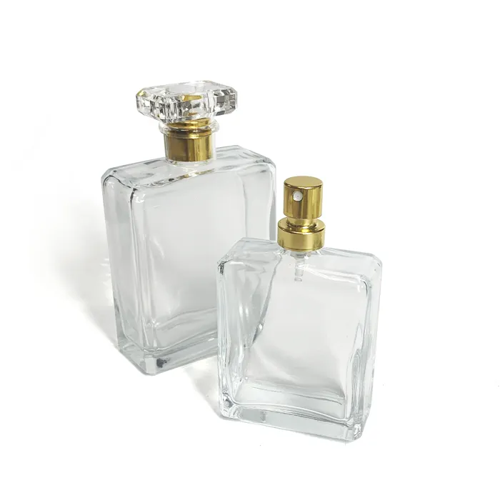 Hoge Kwaliteit Vierkante 30Ml 50Ml 100Ml Transparante Lege Glazen Fles Krimp Hals Parfum Spuitfles Met Papieren Dozen