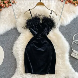 Wholesale of 2022 Autumn and Winter Fashion Fur Splicing Slimming Sexy Suspender Dress Tight-fitting Buttocks Velvet Dress