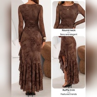 Robes de soirée longues pour femmes, pour mariage, cocktail, occasions formelles, automne |   Robe moulante asymétrique à bretelles spaghetti, col bateau, motif floral et volants