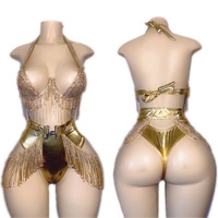 Fournisseur OEM Personnalisé Vente en Gros Tenue de Danse Exotique Ensemble Anniversaire Taille Haute avec Ceinture à Franges en Strass