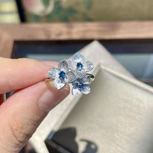 S925 Pure Silver Three-Dimensional Brushed Blue Embroidered <b>Ball</b> Flower Ring Niche Retro Exquisite Topaz Cut New <b>Chinese</b> Style - Product Image 5