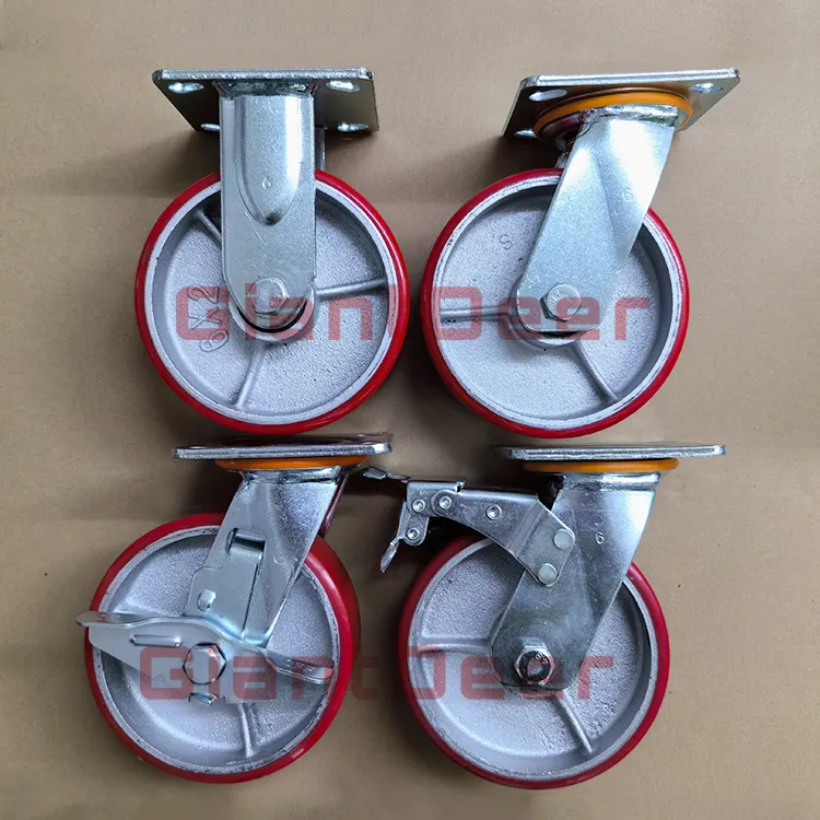 Made in China 4 "5" 6 "8" Eisenkern PU Wheel Caster Hochleistungs-Dolly Big Castor Wheel mit Seiten bremse