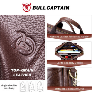 BULLCAPTAIN Genuine Leather Men <b>Briefcase</b> Famous Leather Shoulder Messenger Bags Office Handbag 14 inch Laptop bag High Quality - Product Image 3