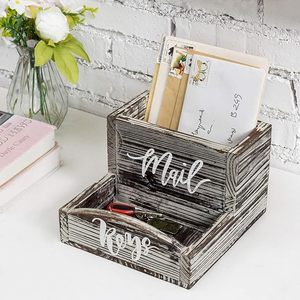 Buzón de madera con cajón para llaves, organizador de escritorio de doble compartimento, caja de almacenamiento de madera maciza retro blanca y marrón para uso en oficina - Product Image 1