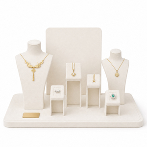 Zebopak Set de Exhibición de Joyería de Terciopelo Crema Beige con Busto para Collares, Plataforma Elevadora, Soporte Cúbico para Anillos y Colgantes para Tiendas Minoristas y Venta al por Mayor - Product Image 3