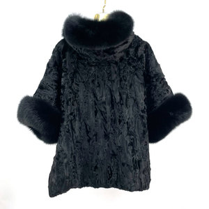 Poncho d'hiver pour femme en véritable fourrure de mouton <span class=keywords><strong>Karakul</strong></span>, réversible, grande taille, à capuche, manches chauve-souris, ample, chaud, décontracté, personnalisable - Product Image 1
