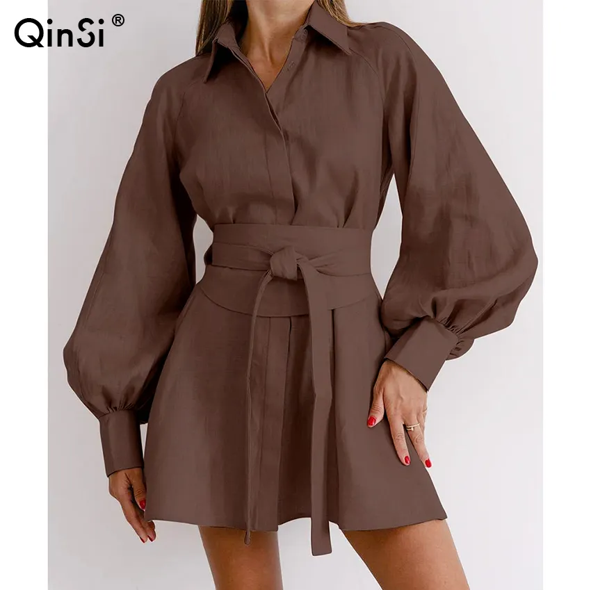 Bclout/QINSI Office Casual Button Elegant Dress Women A-Line Lantern Sleeve Fall Belt Mini Dress Cotton Linen Lapel Shirt Dress